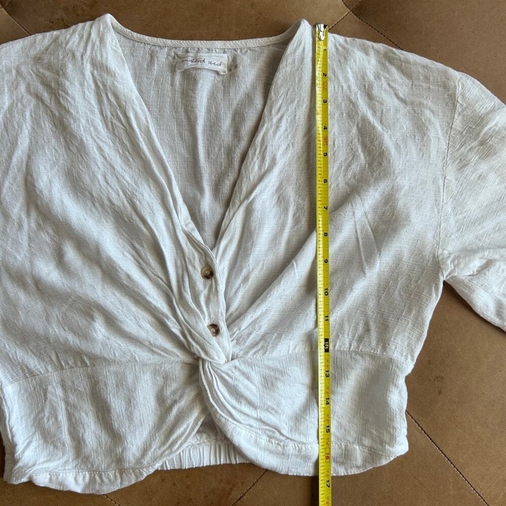 Twist Front Crop Top White Linen Look Romantic Coastal Boho Flutter Sleeve S - Picture 7 of 10